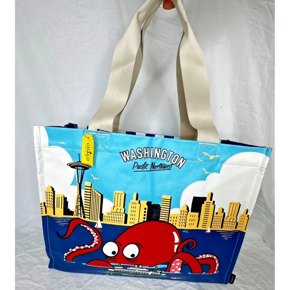 Chalo Washington State Tote Bag Shopper Canvas Octopus Skyline Colorful New